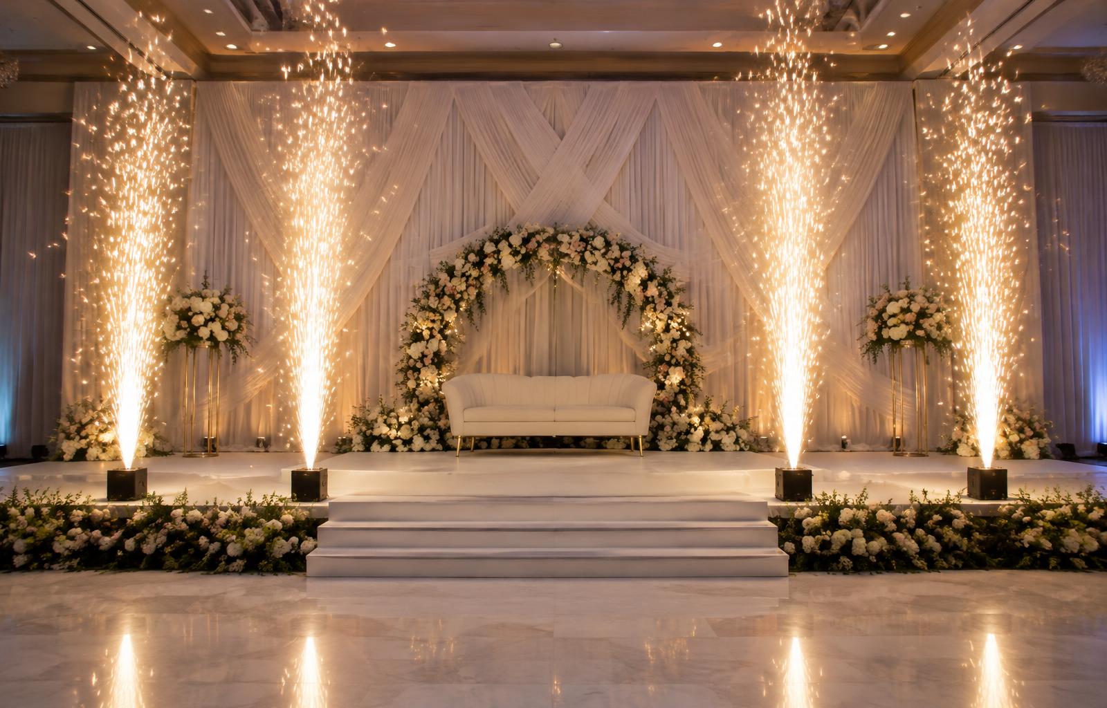 Illustrative cold-spark fountain setup on a floral event stage; not a completed studio project
